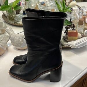 Franco Sarto Black Leather Mid-Calf Block Heel Boots